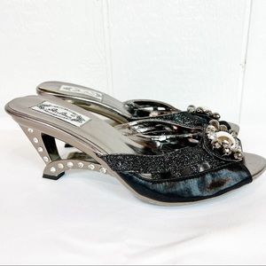 Italina Black and Silver Peep Toe Heeled Sandals Size 10